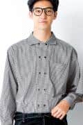 飲食店販売制服　ギンガムチェック長袖シャツ(白×黒)　コックシャツ風ダブルボタン　
