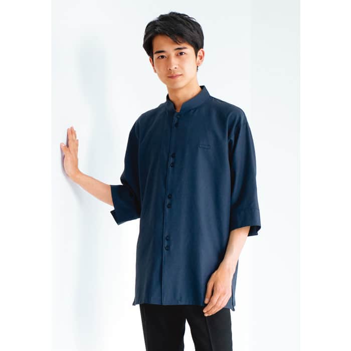マオカラーシャツ　七分袖【兼用】4色　エスニックな空間にマッチ　モデル