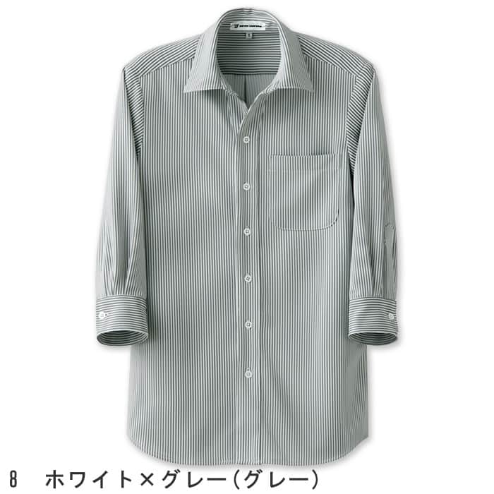 伸縮性があり軽い着用感　ストライプ柄スキッパー7分袖ニットシャツ【3色】兼用　色