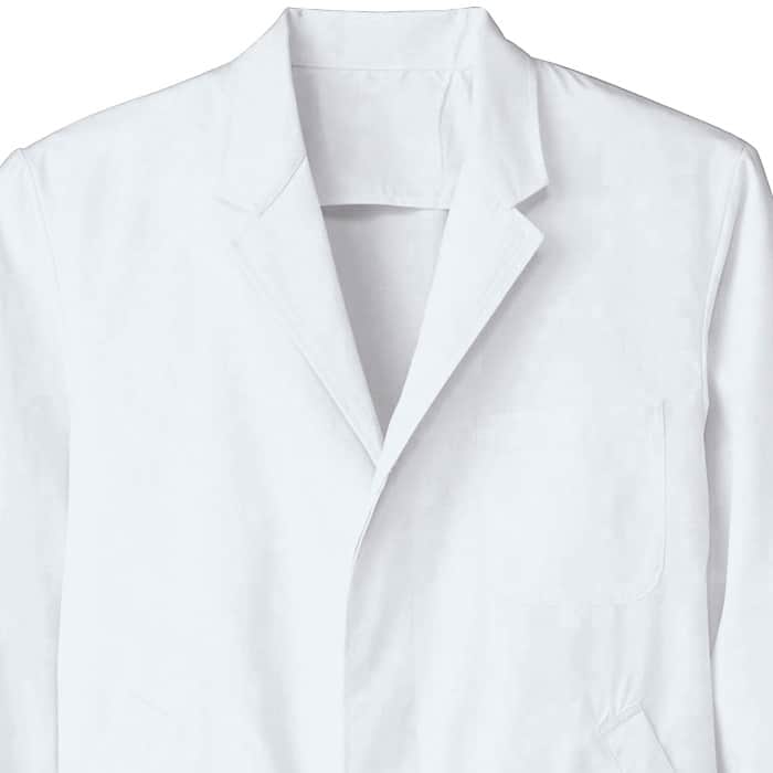 【男性用】衿付き・長袖　調理白衣　綿ポリ(ポプリン)　S～5L　スペック