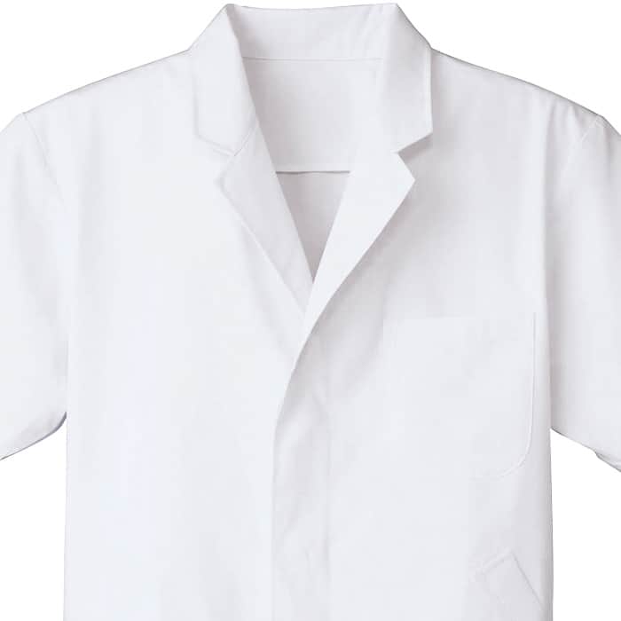 【男性用】衿付き・半袖　調理白衣　綿ポリ(ポプリン)　S～5L　スペック