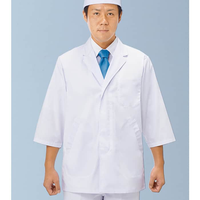 【男性用】衿付き・七分袖　調理白衣　綿ポリ(ポプリン)　S～4L　スペック