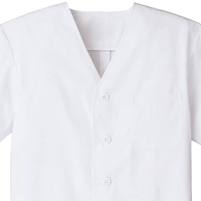 【男性用】衿無し・半袖　調理白衣　綿ポリ(ポプリン)　S～5L　スペック