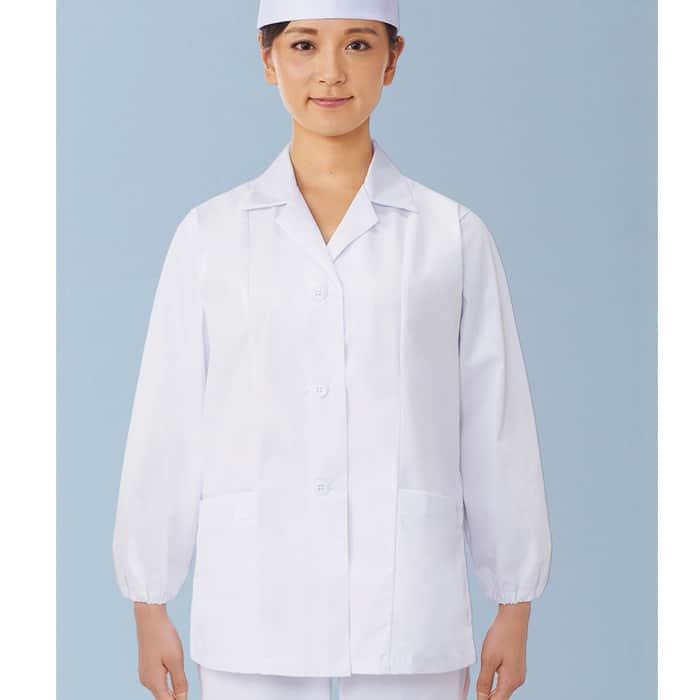【女性用】衿付き・長袖　調理白衣　綿ポリ(ポプリン)　S～5L　スペック