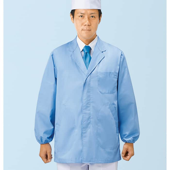 【男性用】衿付き・長袖　サックスブルー調理白衣　綿ポリ(ポプリン)　S～5L　スペック