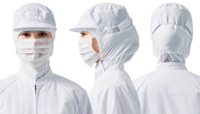 抗菌衛生フード[男女兼用](4色)食品工場衛生服　メガネさし、マスク掛けネームプレート用力布つき　 モデル着用例