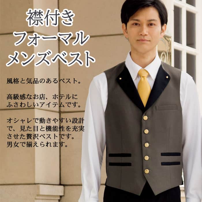 TEP702 業務用制服　襟付きフォーマルベスト(男)高級感があり個性的なデザイン金ボタン付き 商品イメージ説明