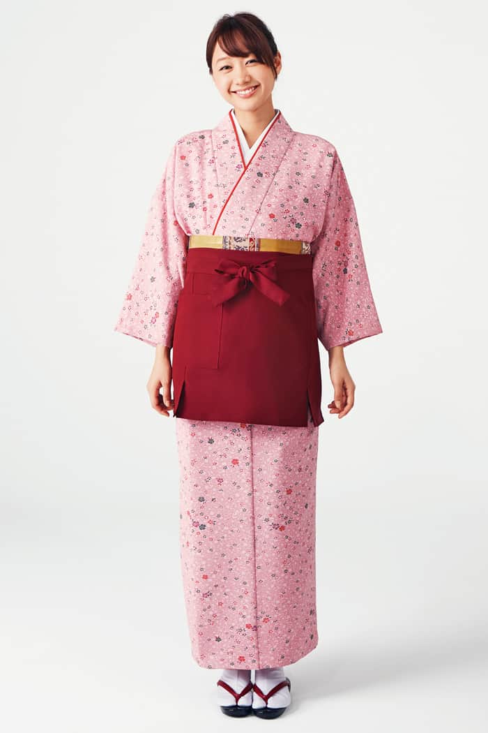本物の日本の和を感じてもらう　和風飲食店、旅館に合う優しいピンクで温かいおもてなし茶衣着スカートスタイル