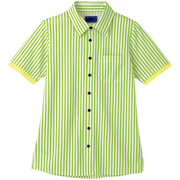 63435 ストライプニットシャツ　グリーン　鮮やかなストライプで個性的な半袖シャツ　清掃、飲食店、コンビニ、売店　スイーツショップのスタッフ制服に