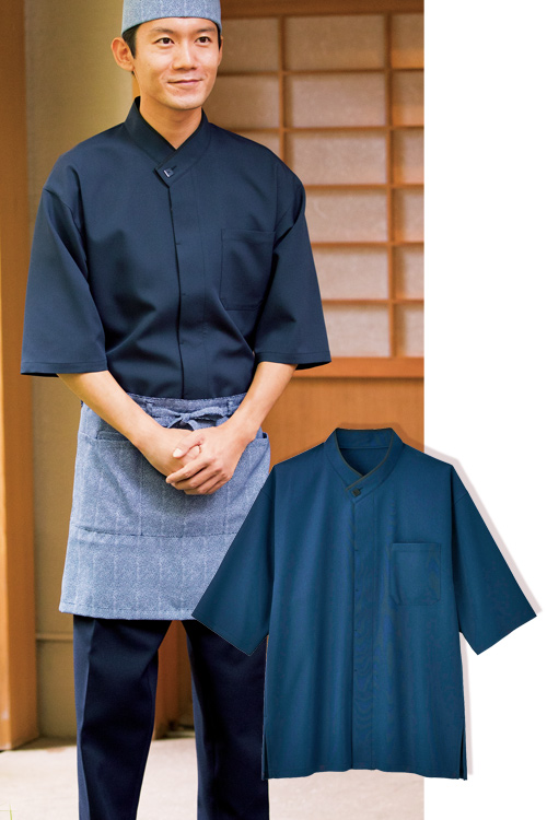 【販売終了24】和風七分袖ショップコート　衿元が個性的な和シャツ　男女兼用