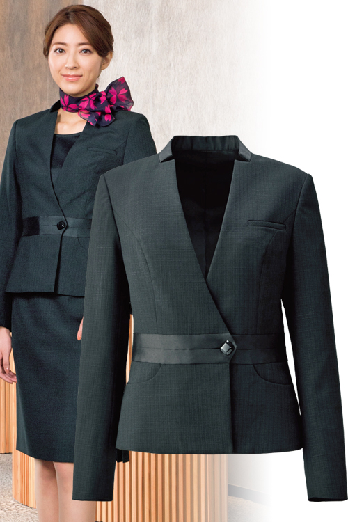ホテル・高級販売店制服　ノーカラーレディスジャケット<ブラック>(女性)シャープな襟元　