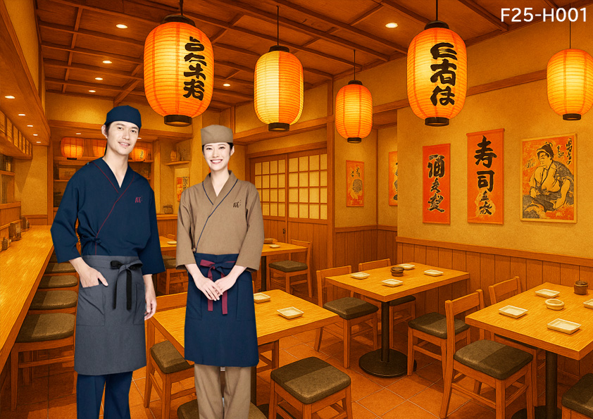 F25-H001 飲食店 和食、居酒屋制服店舗コーデ ベージュとオレンジを基調の落ち着いた雰囲気の店舗に合う、インバウンド対応本格的な和風ユニフォームコーデ。