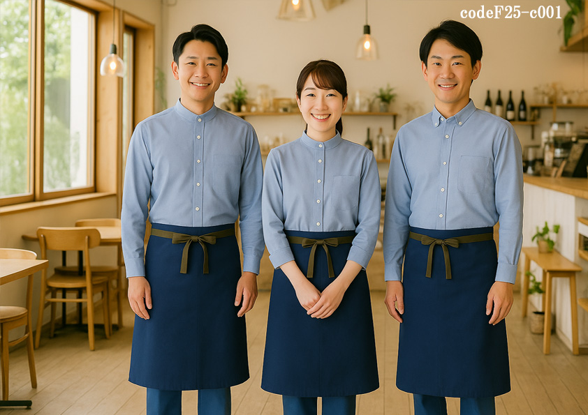 codeF25-c001 飲食店制服　店舗に合うコーデ　木目調に合うブルー系カジュアル爽やかなカフェコーデ