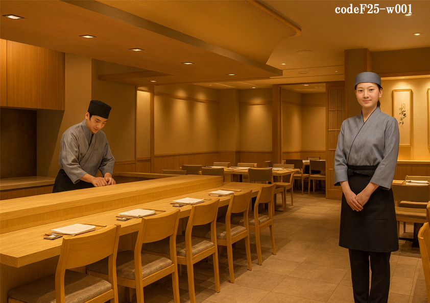高級和食店や寿司屋など、モノトーンで上質な和のユニフォームの組み合わせで、上品な印象を演出