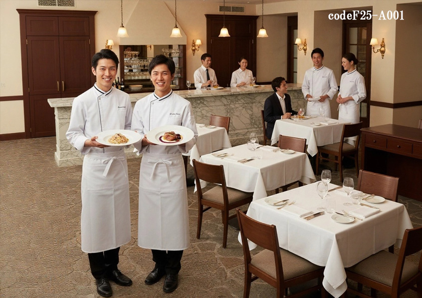 codeF25-A001 飲食店サービス店舗制服コーデ　高級レストラン向けユニフォーム｜白コックコート×ロングエプロンの上質コーディネート