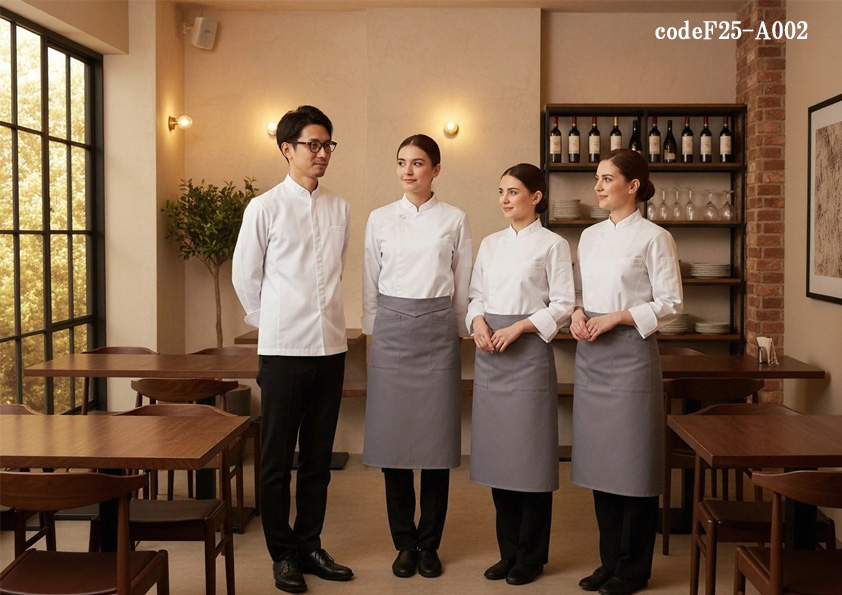 codeF25-A002 飲食店サービス店舗制服コーデ　イタリアンレストランに最適な白×グレーのユニフォーム｜コックコート＆ソムリエエプロンの上品コーデ