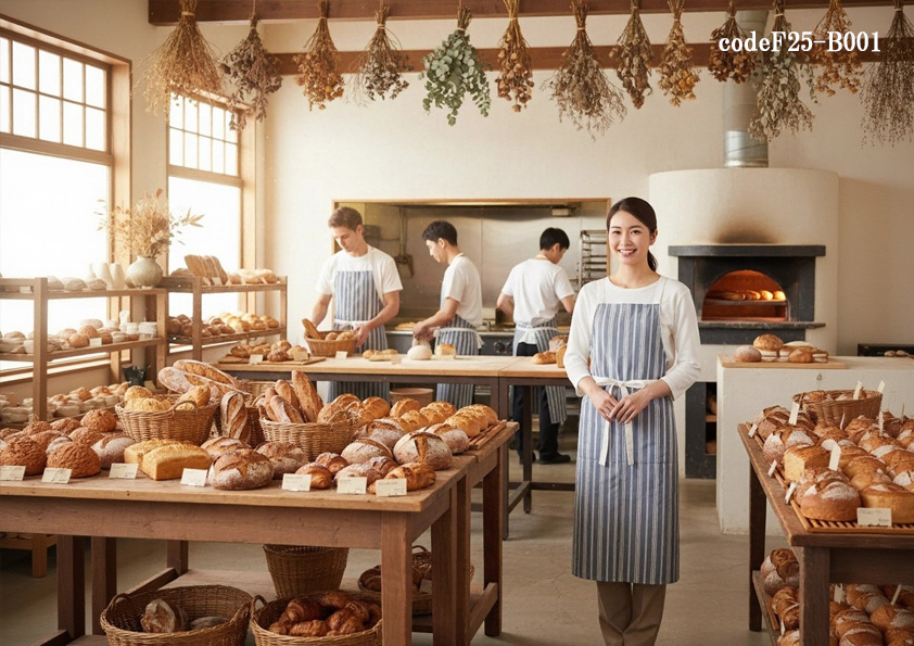 codeF25-B001 飲食店サービス店舗制服コーデ　おしゃれで清潔感ある胸付きエプロン｜ベーカリー・カフェ向けユニフォームコーデ