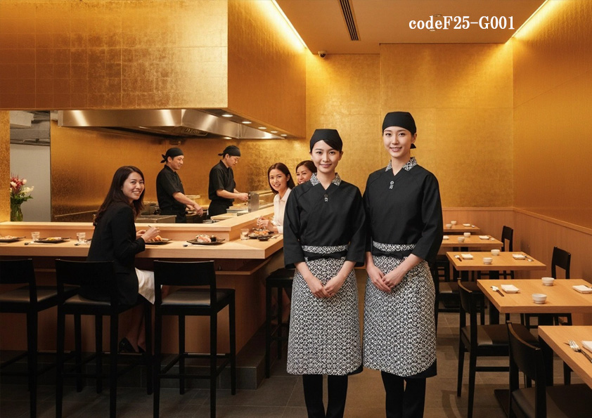 codeF25-G001 飲食店サービス店舗制服コーデ　高級寿司店に最適｜幾何学柄が映える和モダン作務衣ユニフォームコーデ