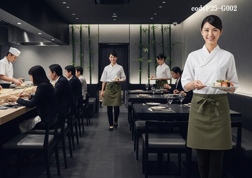 codeF25-G001 飲食店サービス店舗制服コーデ　高級寿司店・鮨店向け｜白の和シャツ×深緑帆前掛けの上品ユニフォームコーデ