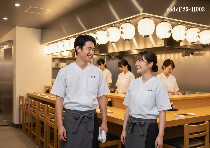 codeF25-H003 飲食店 カフェ店舗制服居酒屋コーデ　和の上質感を纏うおしゃれなユニフォームコーデ｜アシンメトリーエプロン×ダボシャツ