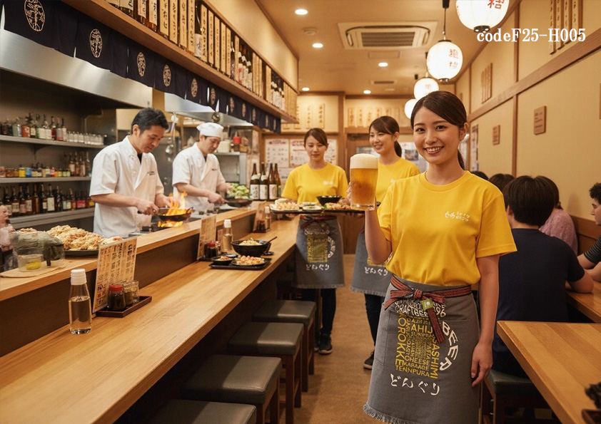codeF25-H005 飲食店サービス店舗制服コーデ　居酒屋向けおしゃれユニフォーム｜Tシャツ×帆前掛けの元気で可愛いコーディネート