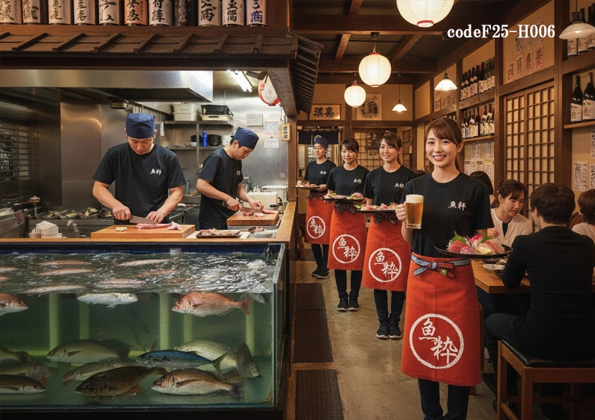 codeF25-H006 飲食店サービス店舗制服コーデ　居酒屋向けおしゃれユニフォーム｜Tシャツ×帆前掛けの元気で可愛いコーディネート