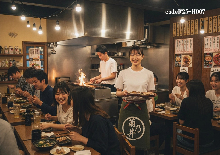 codeF25-H007 飲食店サービス店舗制服コーデ　おしゃれで元気な焼き鳥店ユニフォーム｜Tシャツ×帆前掛けの飲食店向けコーデ