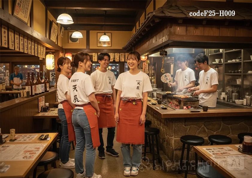 codeF25-H009 飲食店サービス店舗制服コーデ　レトロ居酒屋に最適！白Tシャツ×和柄オレンジ帆前掛けのおしゃれユニフォームコーデ