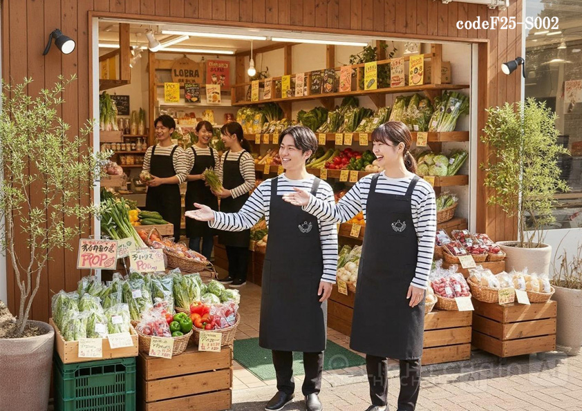 codeF25-S002 販売店店舗制服コーデ　八百屋・生鮮食品店に最適｜軽量たすき掛けエプロン×ボーダーTシャツの販売店ユニフォームコーデ