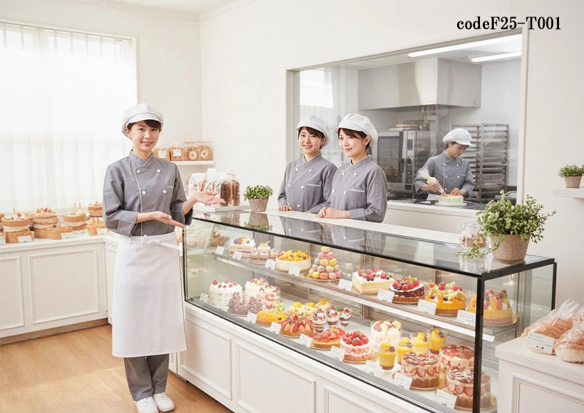 codeF25-T001 飲食店サービス店舗制服コーデ　スイーツ店・ケーキショップに最適！おしゃれなデザイナーズユニフォームコーデ｜ベーカリー・パン屋にも対応
