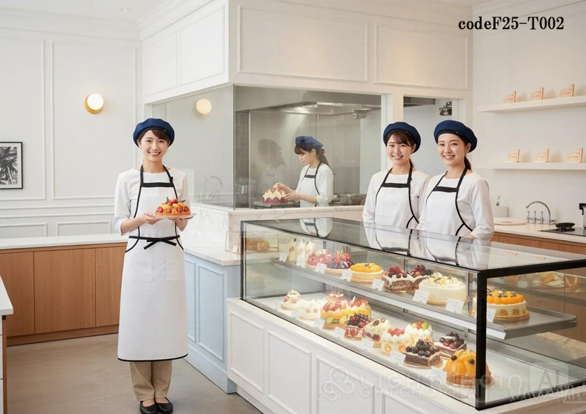 codeF25-T002 飲食店サービス店舗制服コーデ　高級スイーツショップに最適｜HAKUIモノトーンエプロンのおしゃれユニフォームコーデ