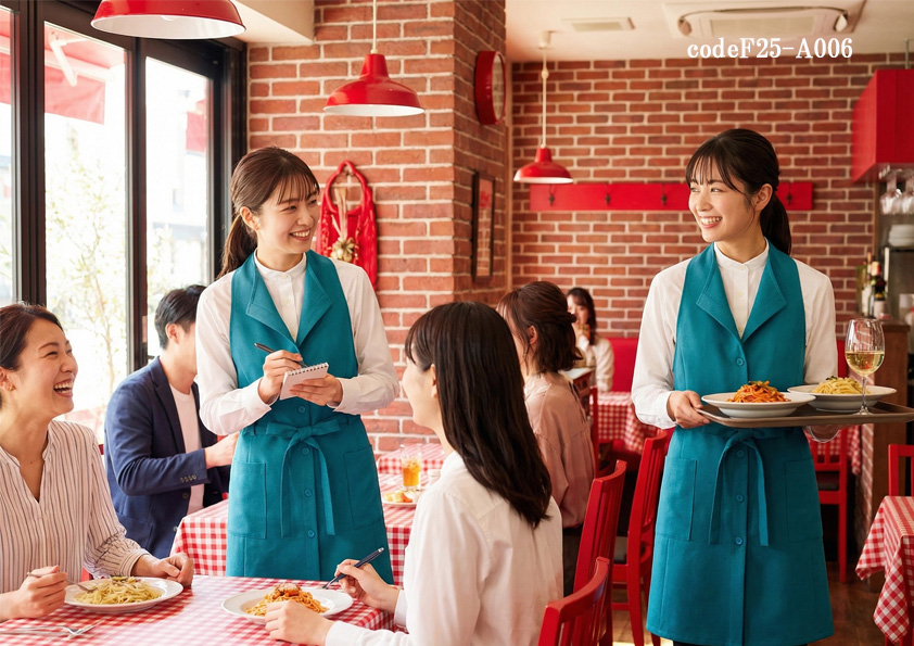 codeF25-A006 飲食店サービス店舗制服コーデ　赤い店内に映えるアクアブルーのエプロンドレス｜イタリアン・カフェ向け飲食店ユニフォームコーデ