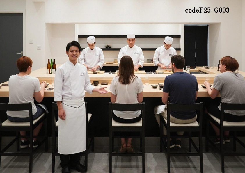 codeF25-G003 飲食店サービス店舗制服コーデ　高級鮨(寿司)店に映えるユニフォームコーデ｜コックコート×エプロンの飲食店制服
