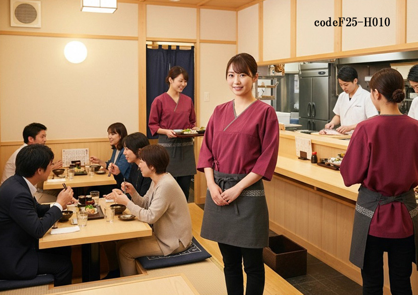 codeF25-H010 飲食店サービス店舗制服コーデ　【飲食店ユニフォーム】和シャツ×ショート前掛けのおしゃれコーデ｜落ち着いた居酒屋に最適
