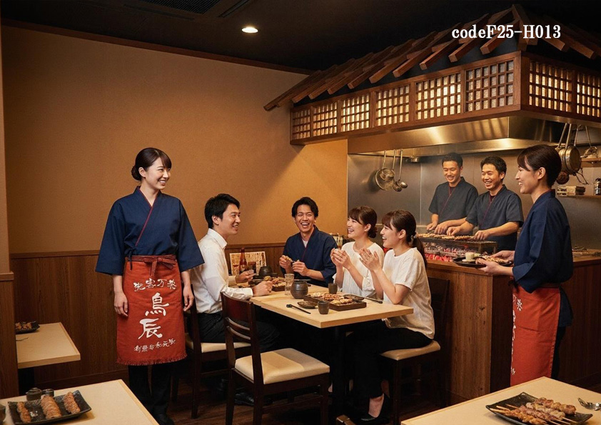codeF25-H013 飲食店サービス店舗制服コーデ　和テイスト焼き鳥店向けユニフォーム｜紺作務衣×橙帆前掛けのおしゃれ飲食店コーデ