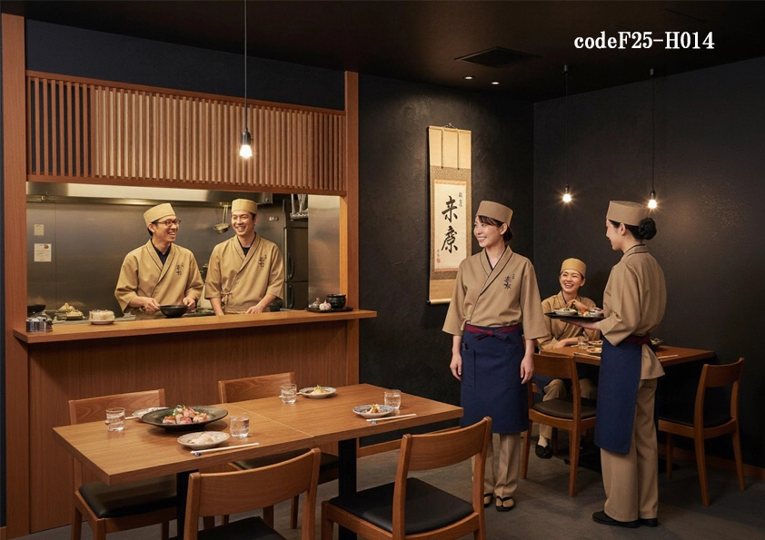 codeF25-H014 飲食店サービス店舗制服コーデ　高級和食店・居酒屋向けユニフォーム｜ベージュ作務衣×紺前掛けのおしゃれ和テイストコーデ
