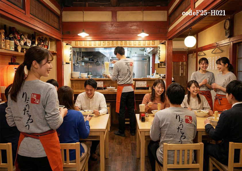 codeF25-R003 飲食店サービス店舗制服コーデ　ラーメン店に映える元気な制服｜Tシャツ×前掛けプリント加工得意【ナイスユニ】