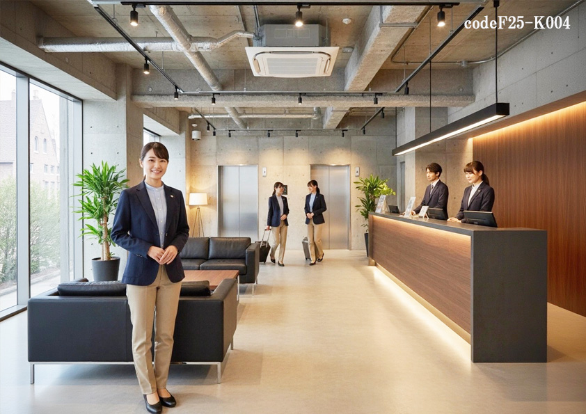codeF25-K004 ホテルサービス店舗制服コーデ　【ホテル制服】カジュアルでおしゃれなフロントスタッフ向けジャケットコーデ｜接客に最適なユニフォーム