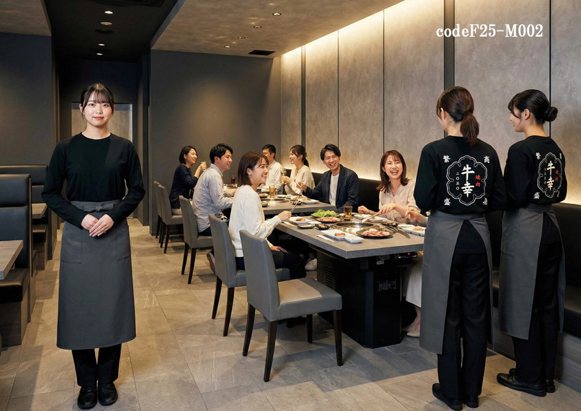codeF25-M002 飲食店サービス店舗制服コーデ　高級焼肉店に映える黒×グレー制服｜Tシャツ×ロングエプロンのユニフォームコーデ【ナイスユニ】