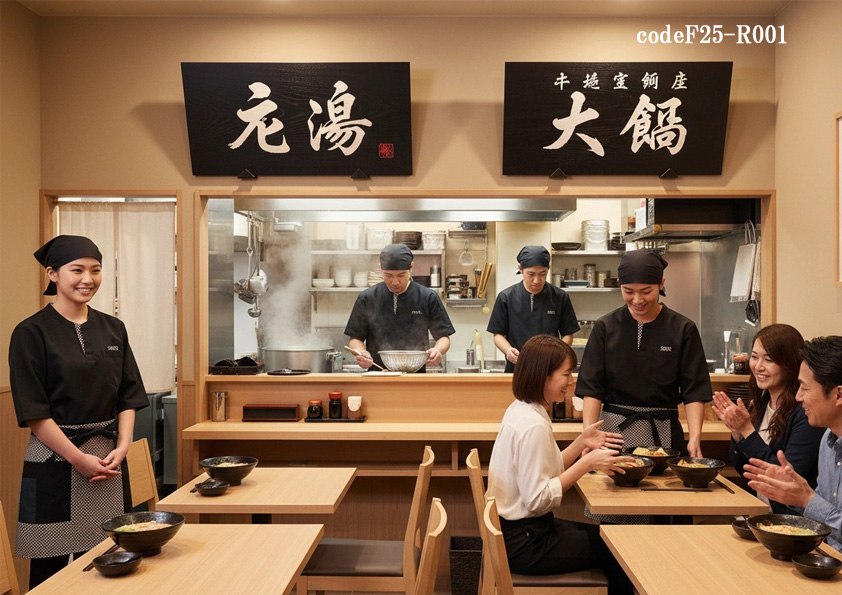 codeF25-R001 飲食店サービス店舗制服コーデ　高級ラーメン店におすすめの和シャツ制服コーデ｜前掛け付きユニフォーム