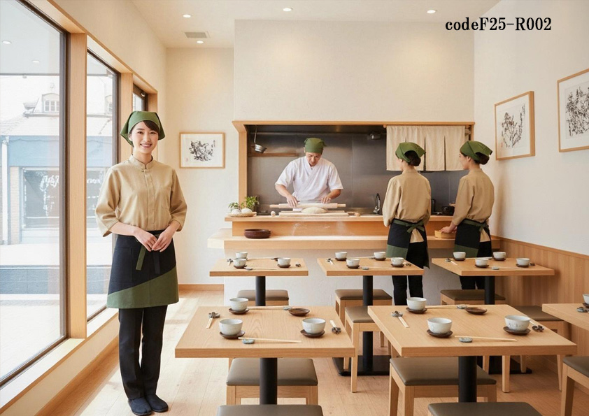 codeF25-R002 飲食店サービス店舗制服コーデ　そば・うどん店向けユニフォーム｜和シャツ×前掛けのおしゃれコーディネート