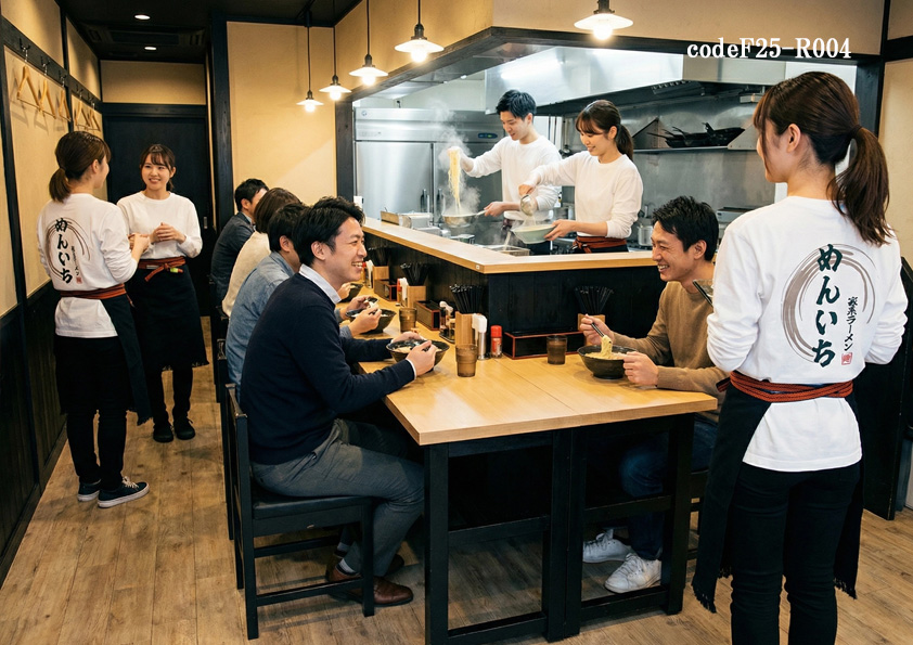codeF25-R004 飲食店サービス店舗制服コーデ　行列のできる家系ラーメン店に｜白Tシャツ×帆前掛けの飲食店ユニフォームコーデ【プリント加工対応】