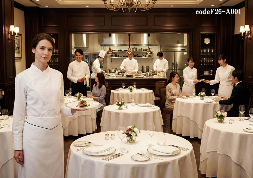 codeF26-A001 飲食店サービス店舗制服コーデ　グランメゾン東京・パリ風 フレンチレストラン制服｜白×白コックコート×エプロンコーデ