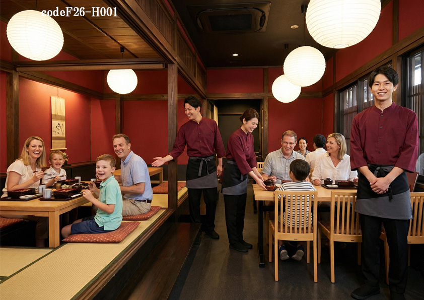 codeF26-H001 飲食店サービス店舗制服コーデ　国産うなぎ専門店に最適｜エンジの和シャツ×ショートエプロンの和風制服コーデ【鰻料理店ユニフォーム】