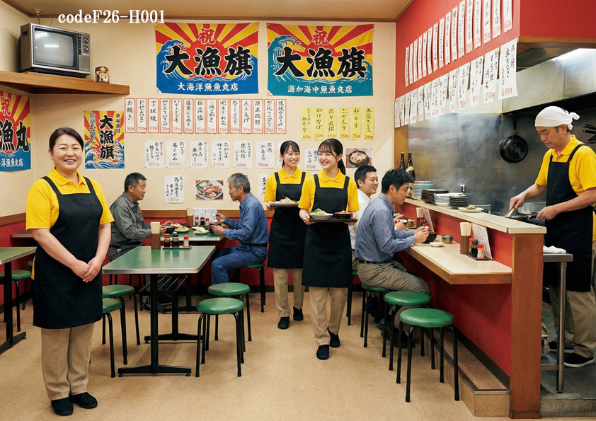 codeF26-J001 飲食店サービス店舗制服コーデ　地魚定食店に最適｜カナリアイエローのポロシャツ×タスキ掛けエプロン制服【安くて元気な定食店ユニフォーム】