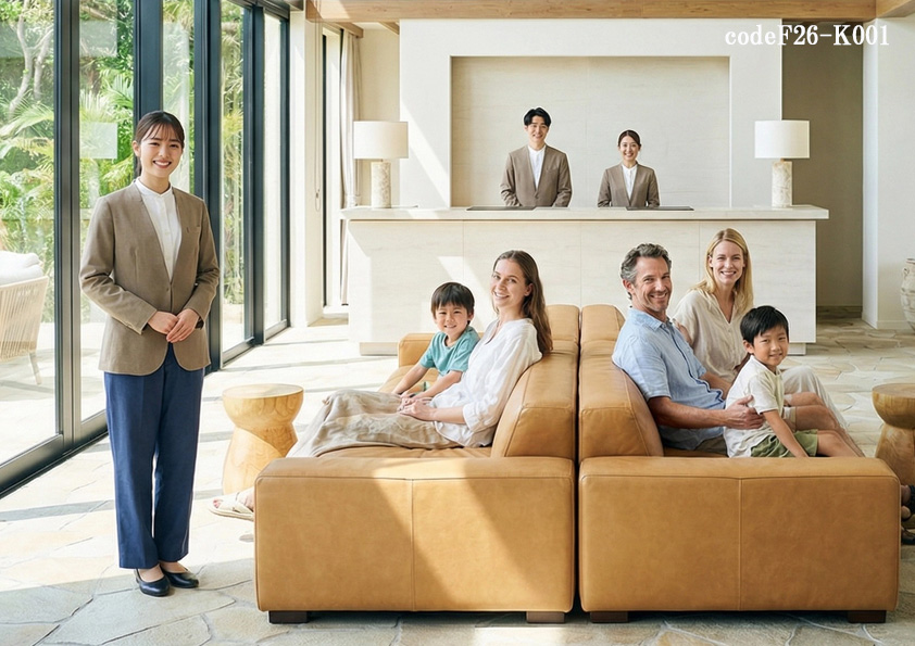 codeF26-K001 ホテルサービス店舗制服コーデ　リゾートホテル・ビジネスホテルに最適｜ベージュノーカラージャケットの接客制服コーデ【2026年トレンド】