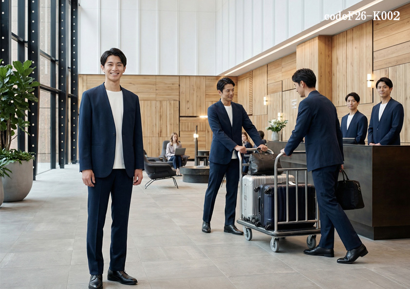 codeF26-K002 ホテルサービス店舗制服コーデ　都会的でおしゃれなビジネスホテル制服｜ネイビーのノーカラージャケットで叶えるカジュアル接客ユニフォーム