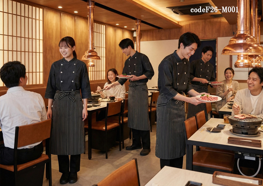 codeF26-M001 飲食店サービス店舗制服コーデ　高級焼肉・鉄板焼きに映える飲食店制服｜ダンガリー七分袖コックシャツ×ロングエプロン