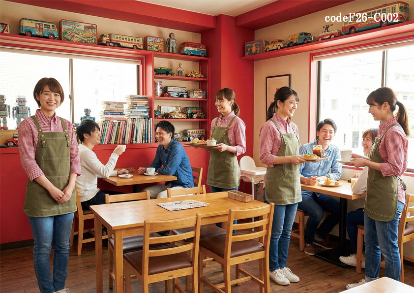 codeF26-C002 飲食店サービス店舗制服コーデ　赤チェックが映える｜カジュアルカフェ向けシャツ×エプロン制服コーデ｜飲食店用