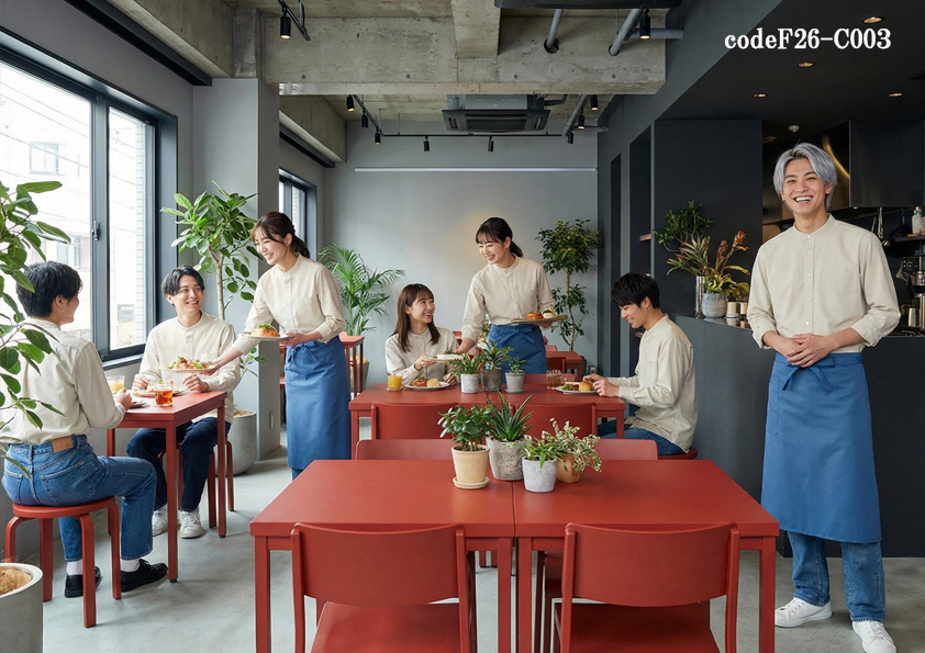 codeF26-C003 飲食店サービス店舗制服コーデ　モノトーン空間に映える、サックスエプロン×ベージュシャツ｜大人のカフェに似合うシンプル制服コーデ